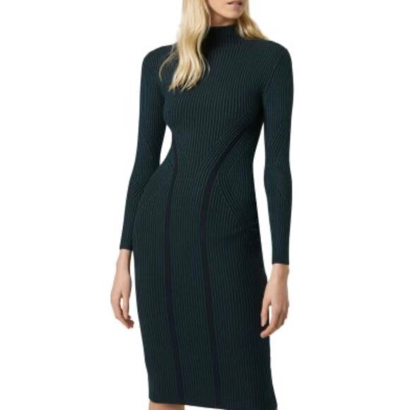 French Connection Simona Green Ribbed Knit Sweater Dress Long Sleeve Bodycon - Picture 1 of 7